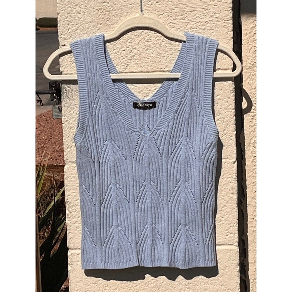 Women's Light Blue Pointelle Rib Knit Sweater Tank V-Neck Sleeveless Top L